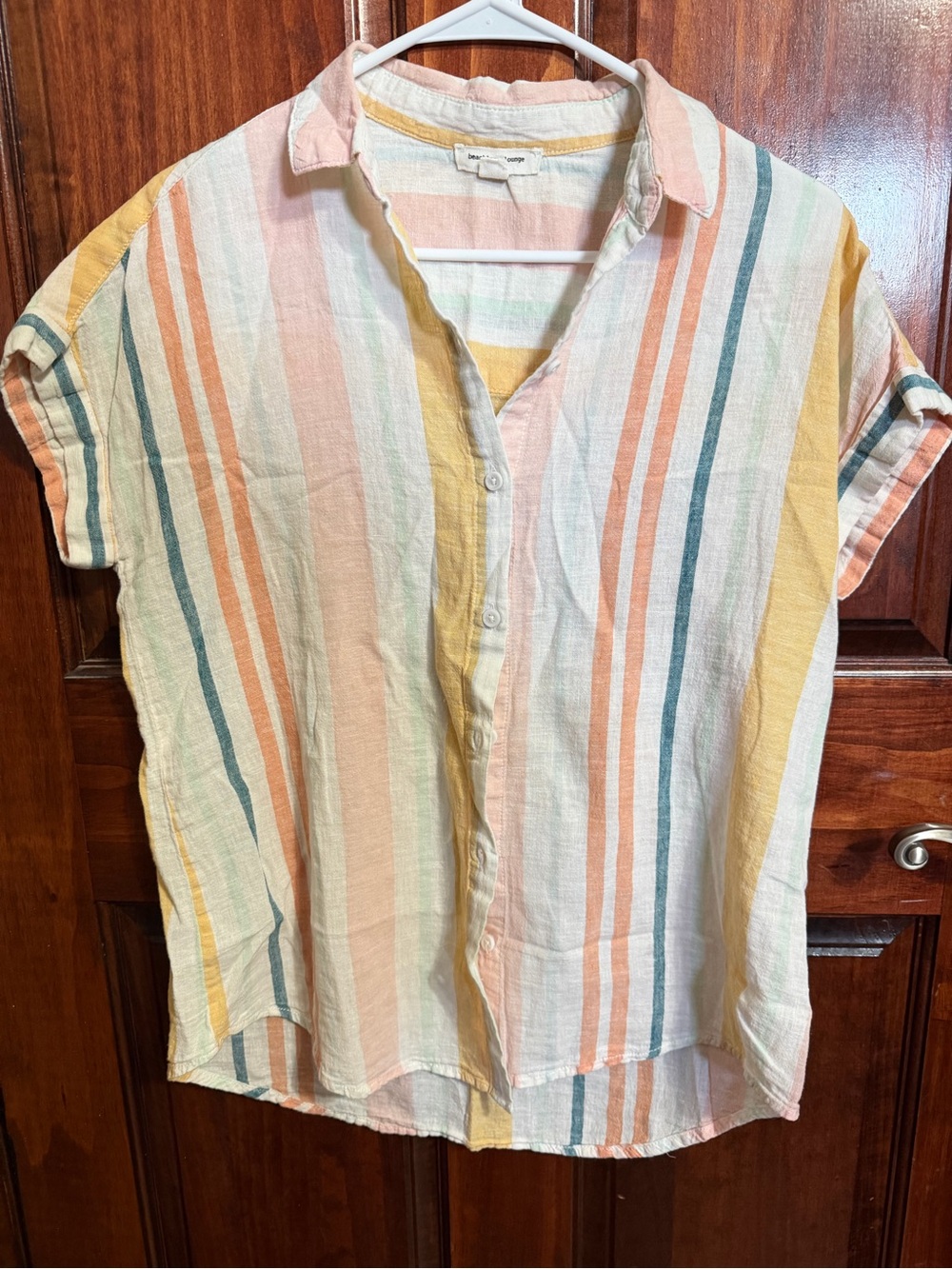 Beachlunchlounge Linen Cotton Striped Button Front Shirt S/P Pastel Multicolor